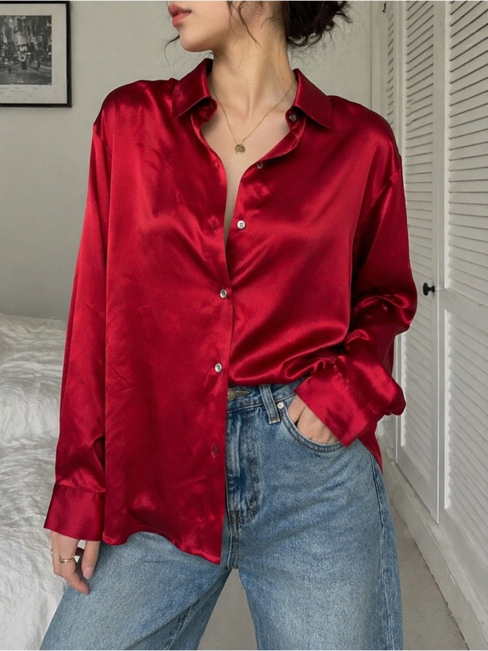 Perry Ellis 100% Silk Red Blouse Satin Button Front Womens Size 8